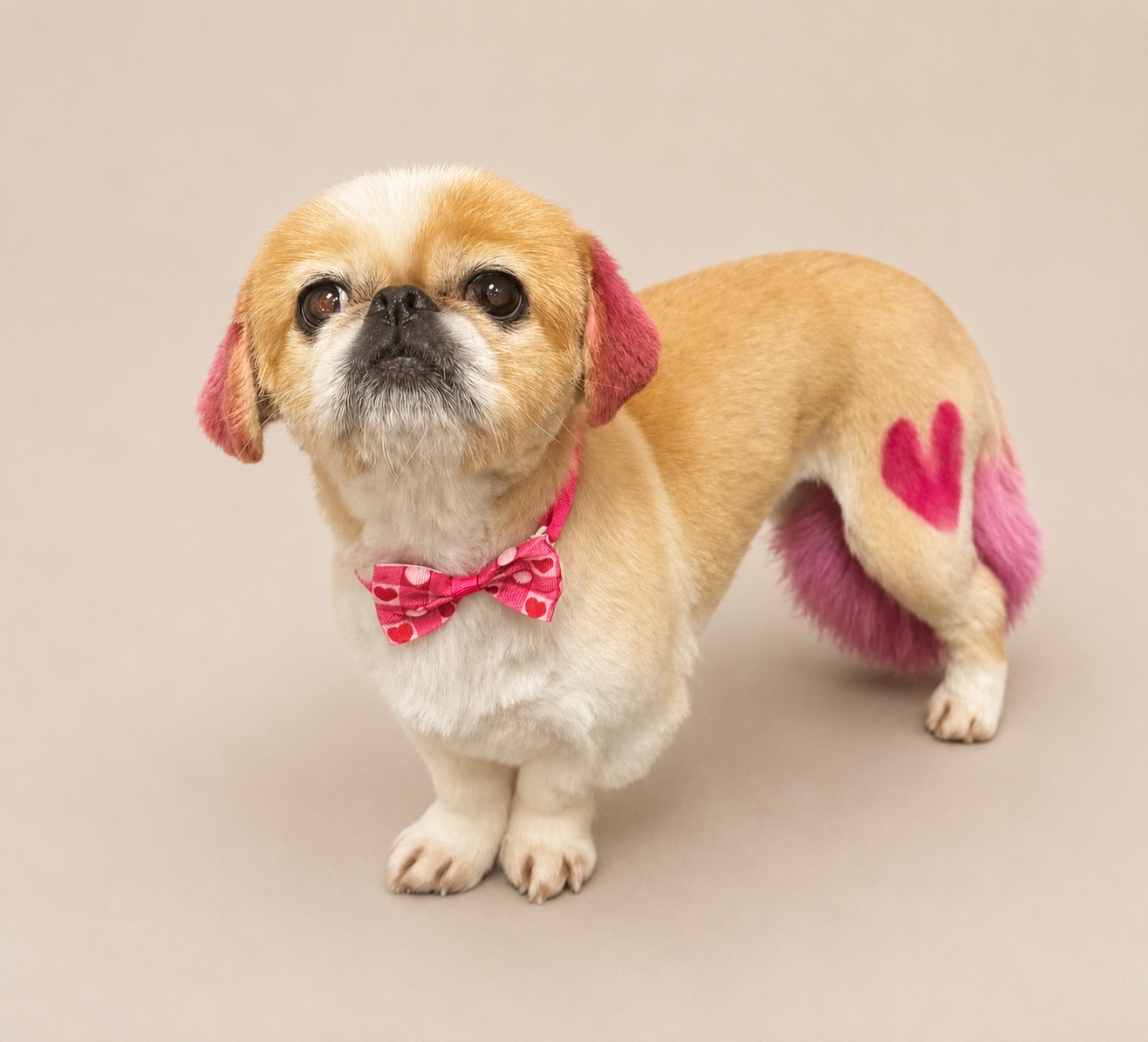 Pup with pink creative grooming heart and ears